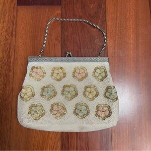 Vintage Hand Beaded Bag Purse Handbag with Chain Floral Design Art To Wear
